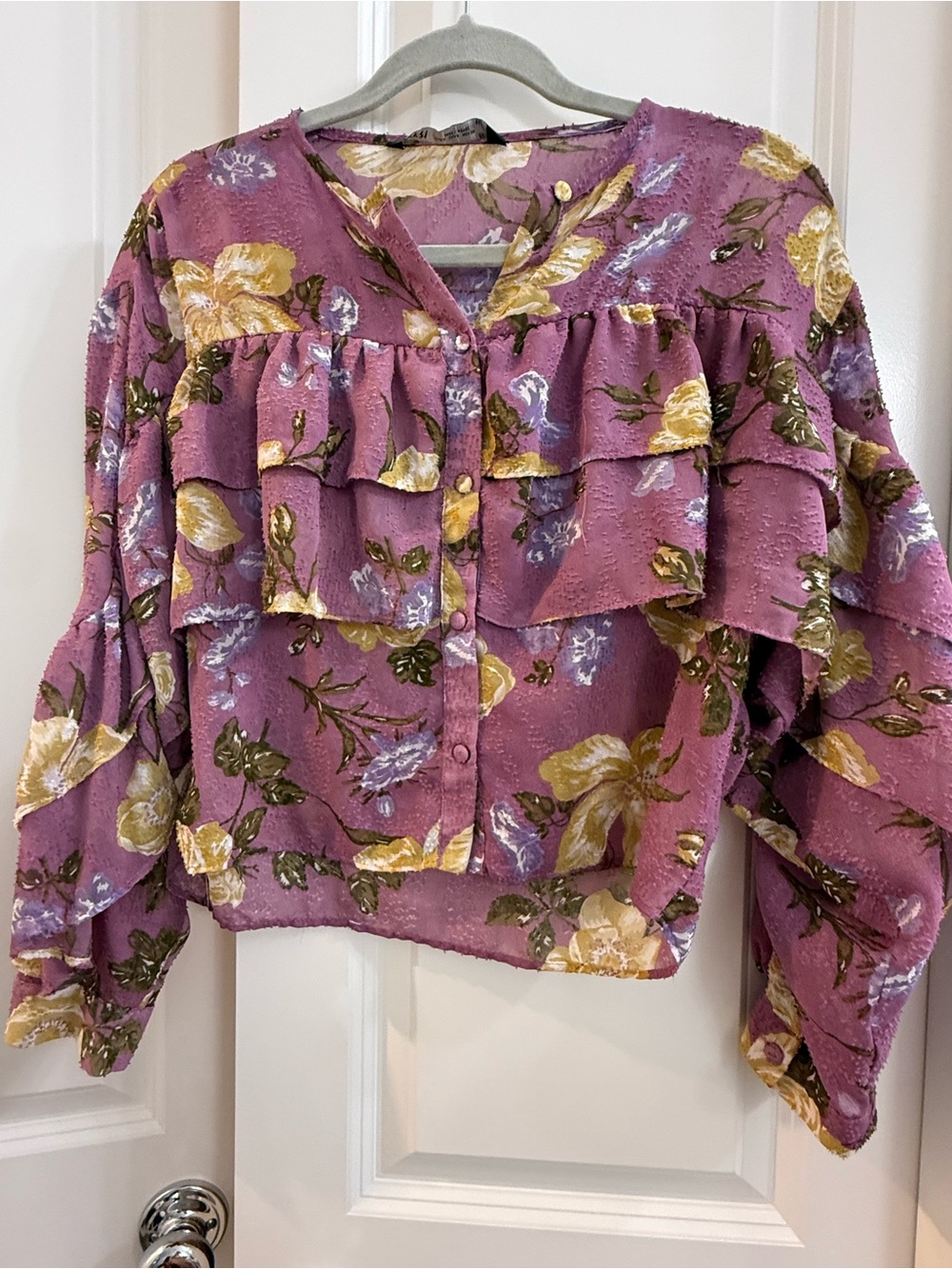 Zara Floral Ruffle Crop Button Blouse Fairy Peasant Long Sleeve Small Purple
